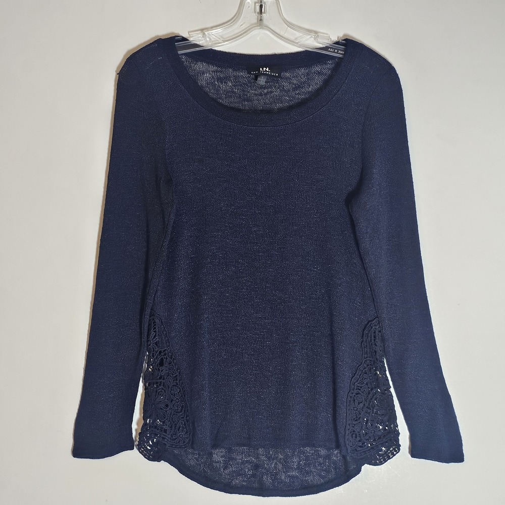 I.N. San Francisco Sweater Womens Small Navy Blue Crochet Hem Lightweight Top S - Picture 2 of 11